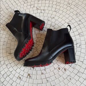 Christain Louboutin Black and Red Heeled Boots with Chunky Heel